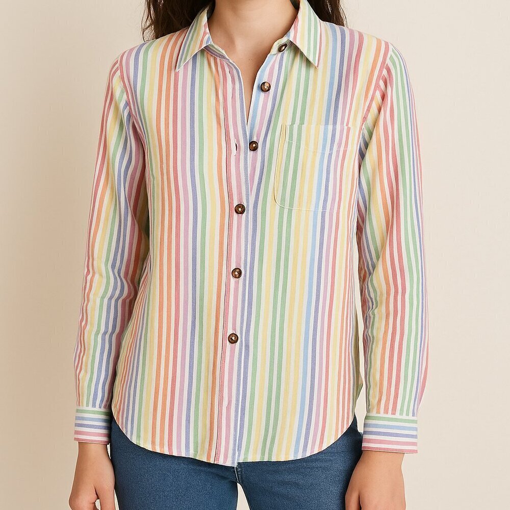 Blair Women’s Rainbow Stripe Button Down Shirt Tortoise Buttons 100% Cotton S - Picture 1 of 5